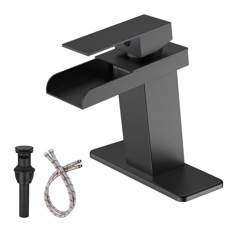 BATHLAVISH Waterfall Bathroom Faucet Single Hole, Matte Black Single Handle Bathroom Faucets for 1 or 3 Hole Sink Faucet w/Pop Up Drain Mixer Tap Basin Deck Supply Hoses - Image 1